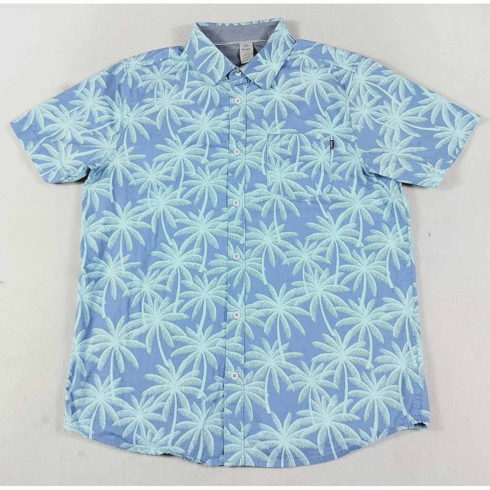 Hurley Shirt Mens Medium Blue Palm Tree Hawaiian Aloha Short Sleeve Button Up